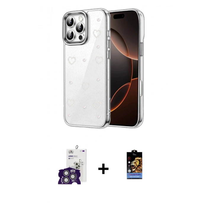 MARSİLYAN™- iPhone 16 Pro Max Kılıf Yörünge Form - Siyah Buffer Hayalet Cam Ekran Koruyucu + Gümüş Bilvis Titan Kamera Lens