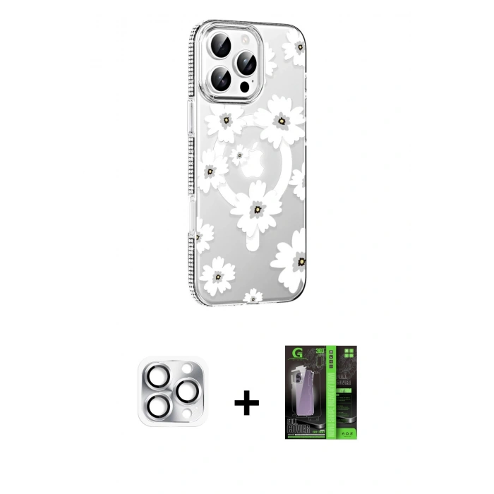 MARSİLYAN™- iPhone 16 Pro Max Kılıf Yörünge Işık Prime - Şeffaf 360 Full Body Arka Koruyucu + Gümüş Pers Alüminyum Kamera Lens