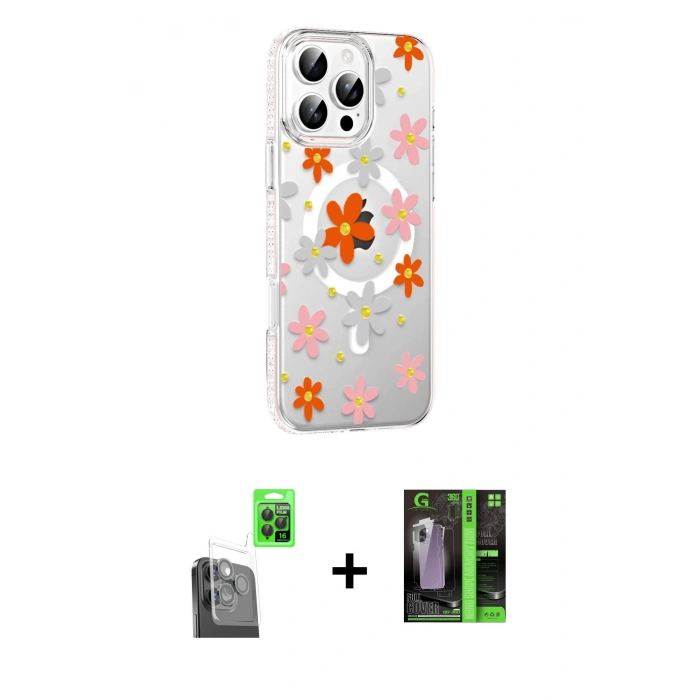 MARSİLYAN™- iPhone 16 Pro Max Kılıf Yörünge Işık Prime - Şeffaf 360 Full Body Arka Koruyucu + Siyah Raze Metal Kamera Lens