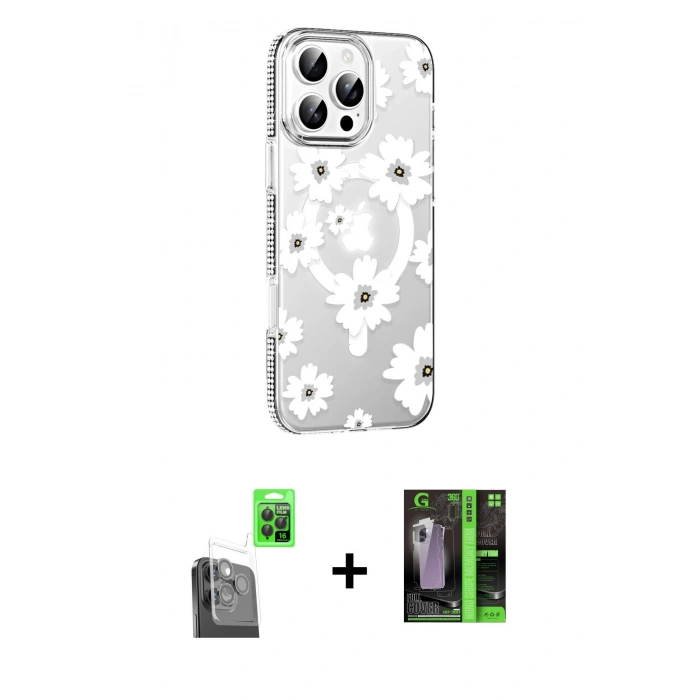 MARSİLYAN™- iPhone 16 Pro Max Kılıf Yörünge Işık Prime - Şeffaf 360 Full Body Arka Koruyucu + Siyah Raze Metal Kamera Lens