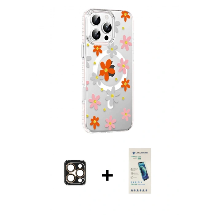 MARSİLYAN™- iPhone 16 Pro Max Kılıf Yörünge Işık Prime - Şeffaf Pasifik Cam Ekran Koruyucu + PVD Metal Kamera Lens - GD