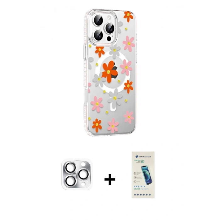 MARSİLYAN™- iPhone 16 Pro Max Kılıf Yörünge Işık Prime - Şeffaf Pasifik Cam Ekran Koruyucu + Gümüş Pers Alüminyum Kamera Lens