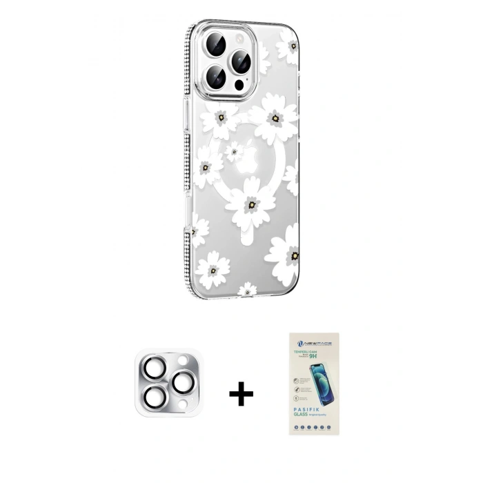 MARSİLYAN™- iPhone 16 Pro Max Kılıf Yörünge Işık Prime - Şeffaf Pasifik Cam Ekran Koruyucu + Gümüş Pers Alüminyum Kamera Lens