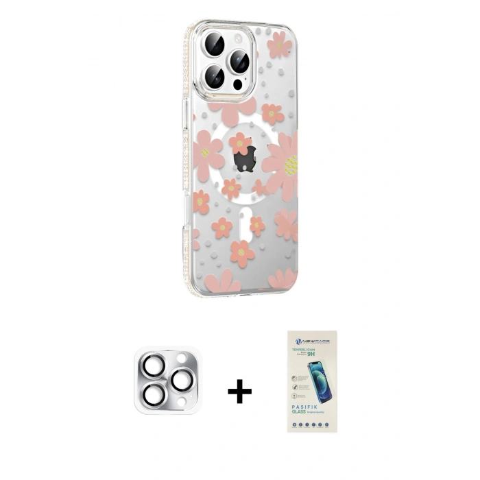 MARSİLYAN™- iPhone 16 Pro Max Kılıf Yörünge Işık Prime - Şeffaf Pasifik Cam Ekran Koruyucu + Gümüş Pers Alüminyum Kamera Lens