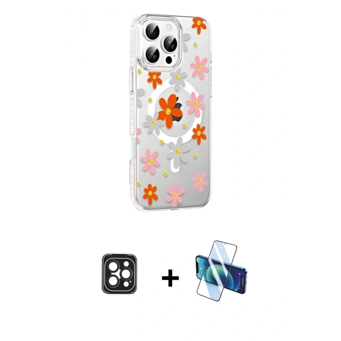 MARSİLYAN™- iPhone 16 Pro Max Kılıf Yörünge Işık Prime - Siyah 3D Antistatik Cam Ekran Koruyucu + PVD Metal Kamera Lens - SH