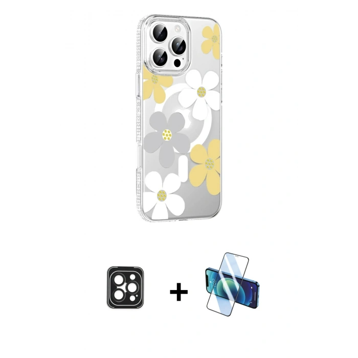 MARSİLYAN™- iPhone 16 Pro Max Kılıf Yörünge Işık Prime - Siyah 3D Antistatik Cam Ekran Koruyucu + PVD Metal Kamera Lens - SH