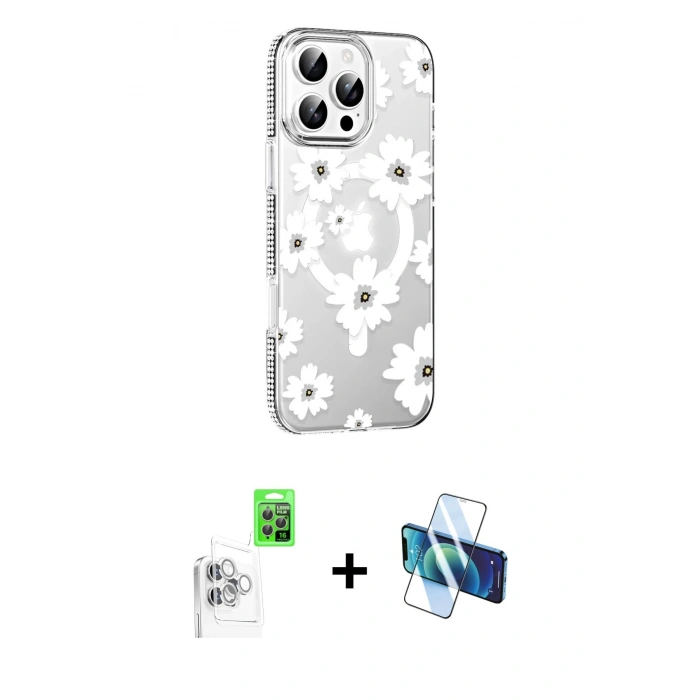 MARSİLYAN™- iPhone 16 Pro Max Kılıf Yörünge Işık Prime - Siyah 3D Antistatik Seramik Nano Ekran Koruyucu + Beyaz Raze Metal Kamera Lens