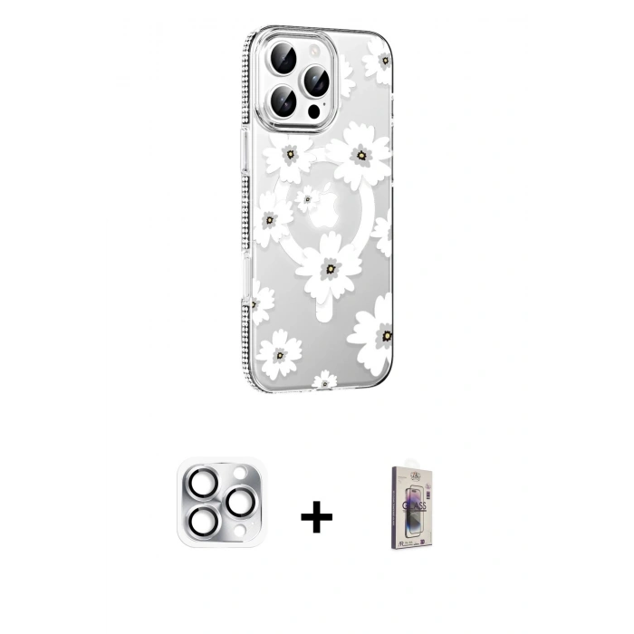 MARSİLYAN™- iPhone 16 Pro Max Kılıf Yörünge Işık Prime - Siyah Bilvis 3D Cam Ekran Koruyucu + Gümüş Pers Alüminyum Kamera Lens