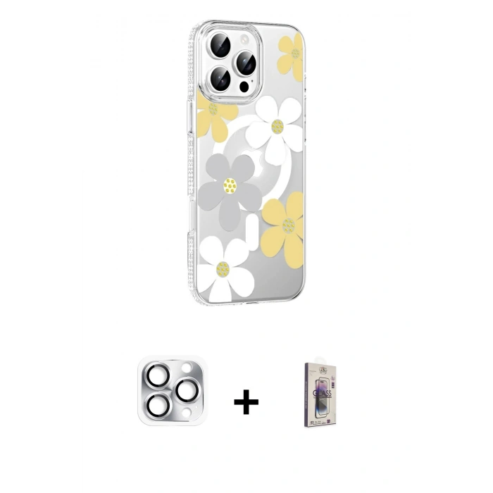 MARSİLYAN™- iPhone 16 Pro Max Kılıf Yörünge Işık Prime - Siyah Bilvis 3D Cam Ekran Koruyucu + Gümüş Pers Alüminyum Kamera Lens