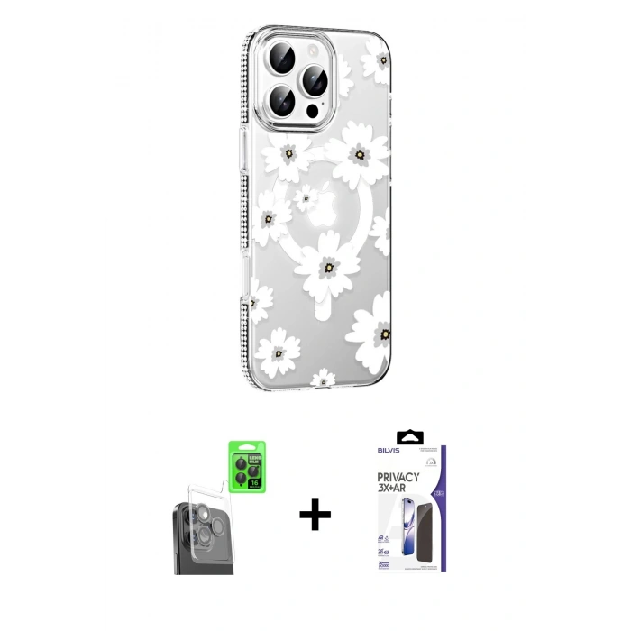 MARSİLYAN™- iPhone 16 Pro Max Kılıf Yörünge Işık Prime - Siyah Bilvis 3X AR Hayalet Cam Ekran Koruyucu + Raze Metal Kamera Lens - SH