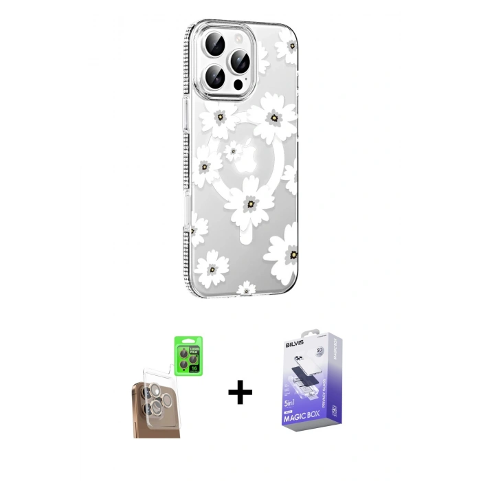 MARSİLYAN™- iPhone 16 Pro Max Kılıf Yörünge Işık Prime - Siyah Bilvis 5in1 5D Magic Hayalet Cam Ekran Koruyucu + Çöl Titanyum Raze Metal Kamera Lens