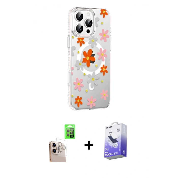 MARSİLYAN™- iPhone 16 Pro Max Kılıf Yörünge Işık Prime - Siyah Bilvis 5in1 5D Magic Hayalet Cam Ekran Koruyucu + Raze Metal Kamera Lens - NLGY