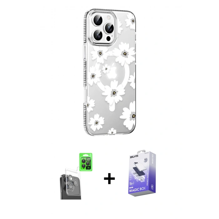 MARSİLYAN™- iPhone 16 Pro Max Kılıf Yörünge Işık Prime - Siyah Bilvis 5in1 5D Magic Hayalet Cam Ekran Koruyucu + Raze Metal Kamera Lens - SH