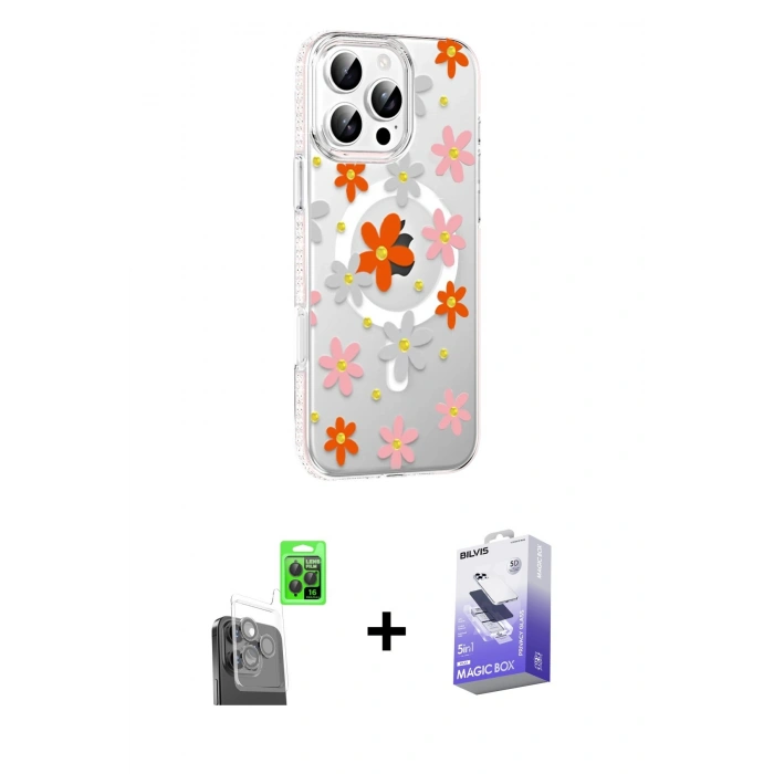 MARSİLYAN™- iPhone 16 Pro Max Kılıf Yörünge Işık Prime - Siyah Bilvis 5in1 5D Magic Hayalet Cam Ekran Koruyucu + Raze Metal Kamera Lens - SH