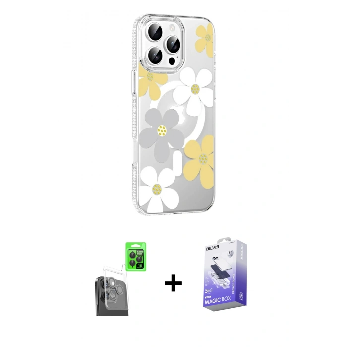 MARSİLYAN™- iPhone 16 Pro Max Kılıf Yörünge Işık Prime - Siyah Bilvis 5in1 5D Magic Hayalet Cam Ekran Koruyucu + Raze Metal Kamera Lens - SH