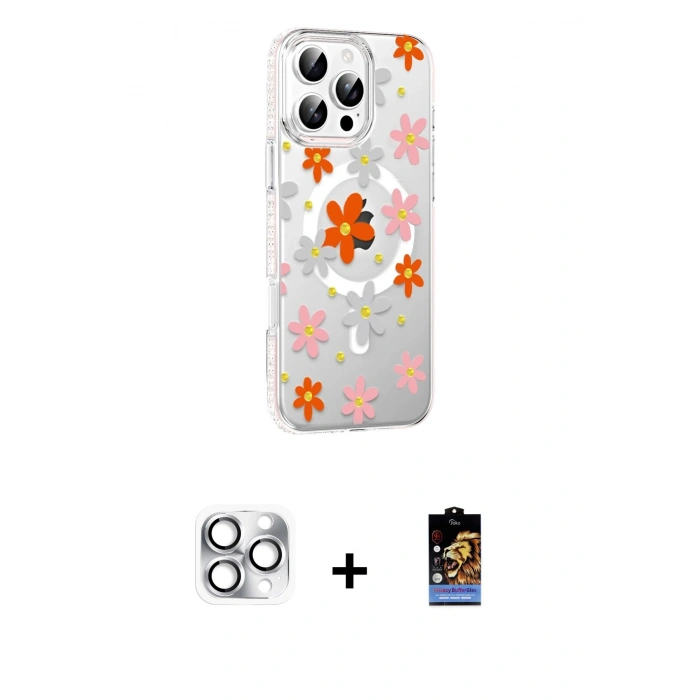 MARSİLYAN™- iPhone 16 Pro Max Kılıf Yörünge Işık Prime - Siyah Buffer Hayalet Cam Ekran Koruyucu + Gümüş Pers Alüminyum Kamera Lens