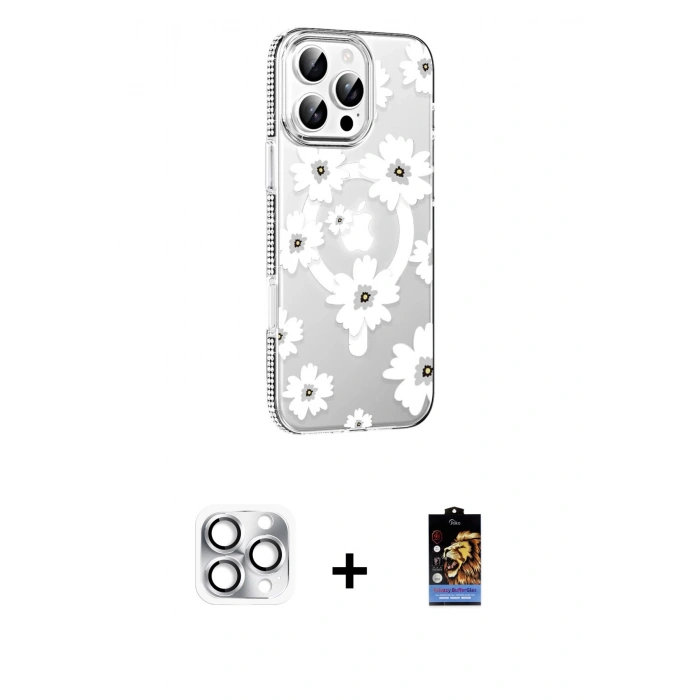 MARSİLYAN™- iPhone 16 Pro Max Kılıf Yörünge Işık Prime - Siyah Buffer Hayalet Cam Ekran Koruyucu + Gümüş Pers Alüminyum Kamera Lens