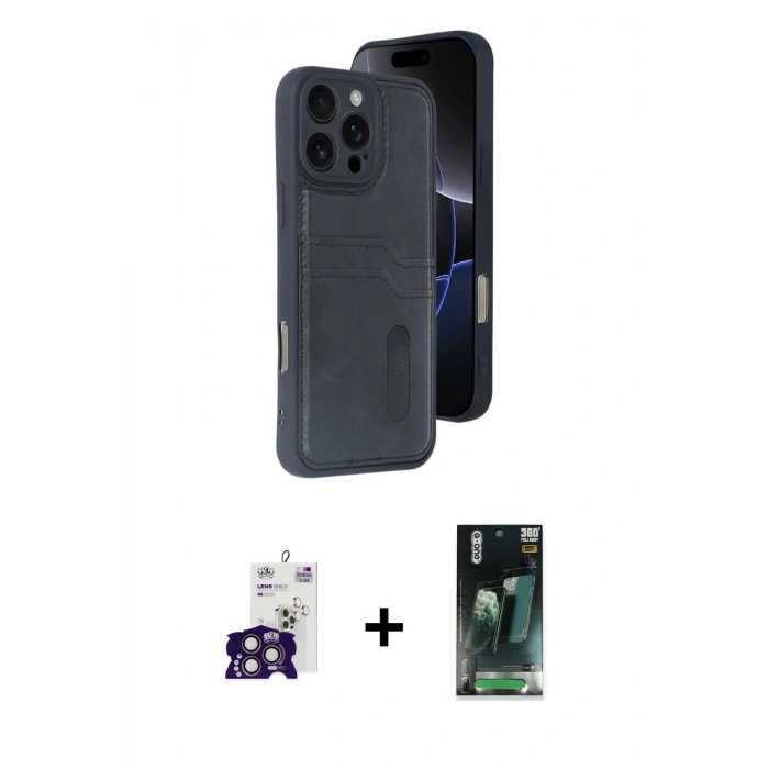 MARSİLYAN™- iPhone 16 Pro Max Kılıf Yörünge Işık Serisi - Siyah 360 Mat Full Body Arka Koruyucu + Bilvis Titan Kamera Lens - TMGI
