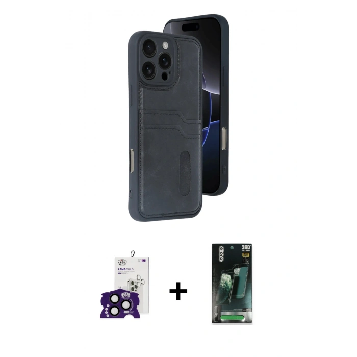 MARSİLYAN™- iPhone 16 Pro Max Kılıf Yörünge Işık Serisi - Siyah 360 Mat Full Body Arka Koruyucu + Bilvis Titan Kamera Lens - SH