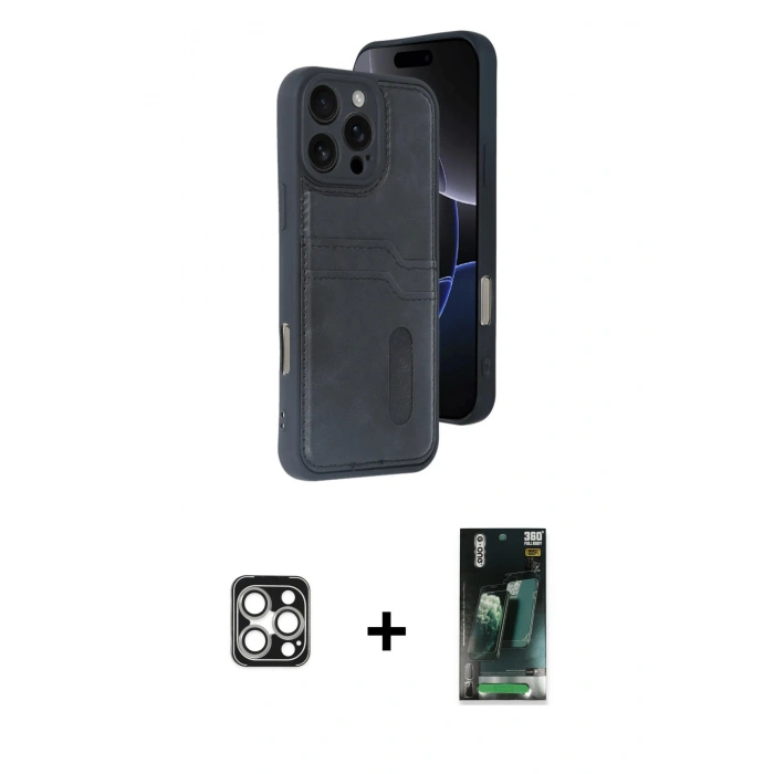 MARSİLYAN™- iPhone 16 Pro Max Kılıf Yörünge Işık Serisi - Siyah 360 Mat Full Body Arka Koruyucu + PVD Metal Kamera Lens - GS