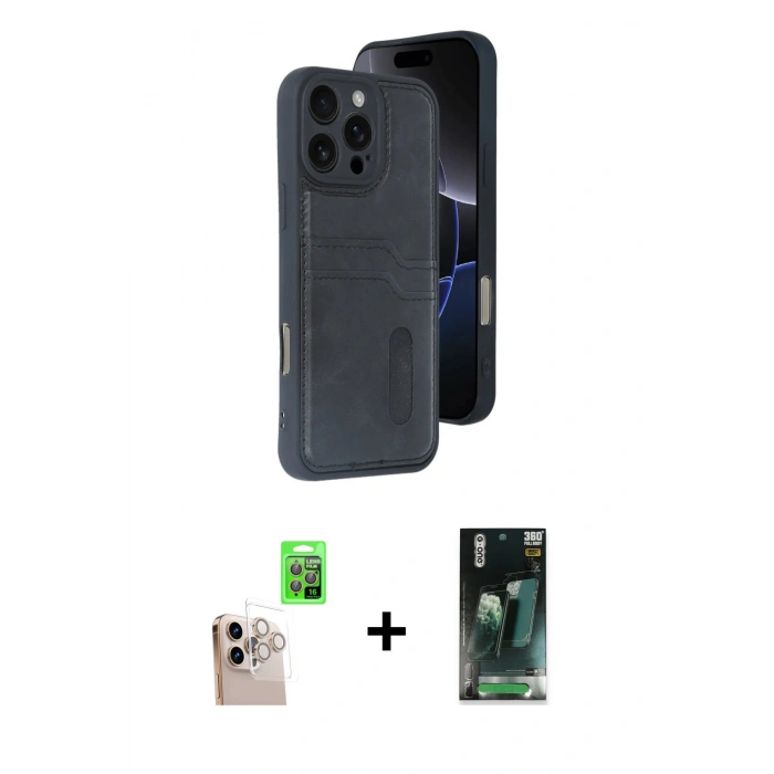 MARSİLYAN™- iPhone 16 Pro Max Kılıf Yörünge Işık Serisi - Siyah 360 Mat Full Body Arka Koruyucu + Raze Metal Kamera Lens - NLGY