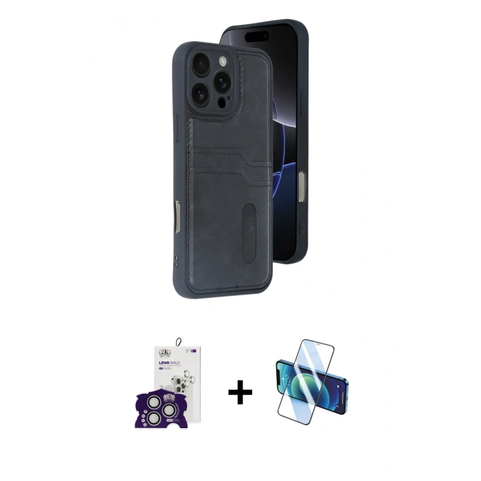 MARSİLYAN™- iPhone 16 Pro Max Kılıf Yörünge Işık Serisi - Siyah 3D Antistatik Cam Ekran Koruyucu + Bilvis Titan Kamera Lens - GS