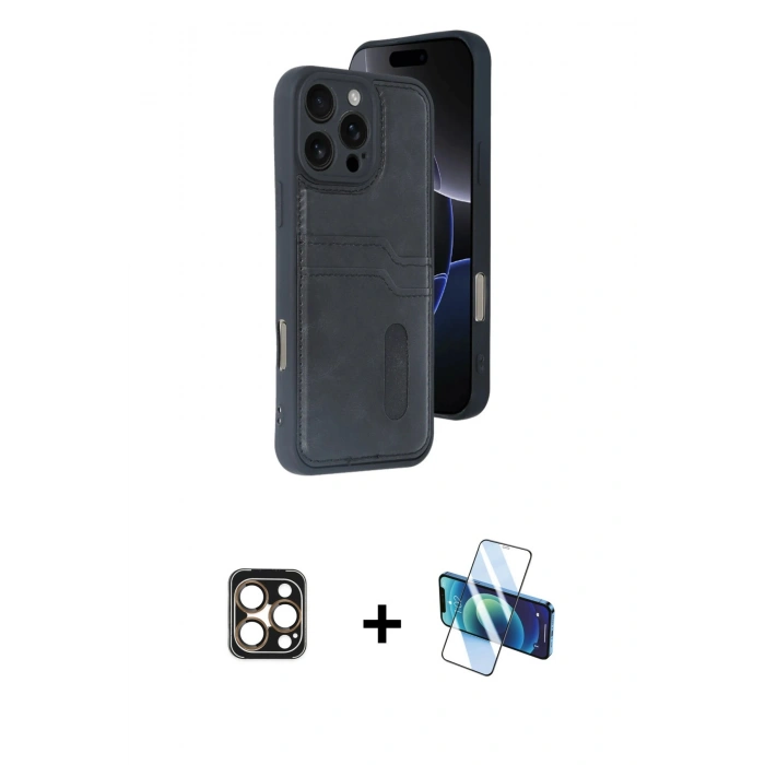 MARSİLYAN™- iPhone 16 Pro Max Kılıf Yörünge Işık Serisi - Siyah 3D Antistatik Cam Ekran Koruyucu + PVD Metal Kamera Lens - GD