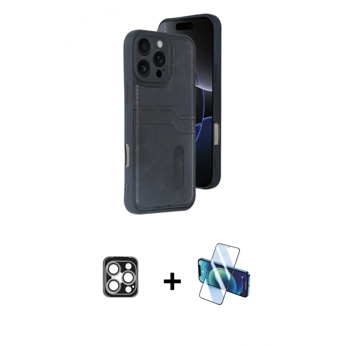 MARSİLYAN™- iPhone 16 Pro Max Kılıf Yörünge Işık Serisi - Siyah 3D Antistatik Cam Ekran Koruyucu + PVD Metal Kamera Lens - GS