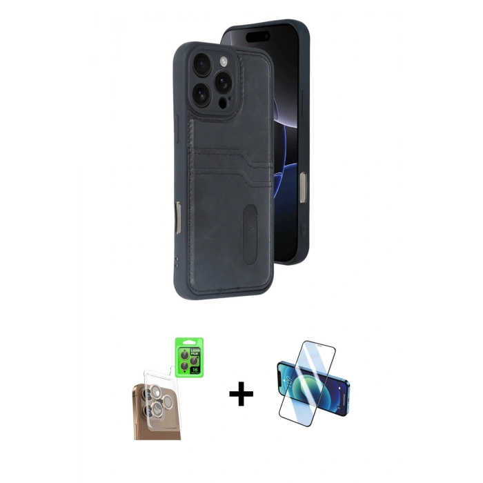 MARSİLYAN™- iPhone 16 Pro Max Kılıf Yörünge Işık Serisi - Siyah 3D Antistatik Cam Ekran Koruyucu + Raze Metal Kamera Lens - CLTM