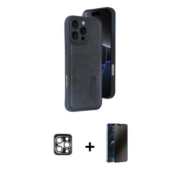 MARSİLYAN™- iPhone 16 Pro Max Kılıf Yörünge Işık Serisi - Siyah 3D Antistatik Hayalet Cam Ekran Koruyucu + PVD Metal Kamera Lens - GS