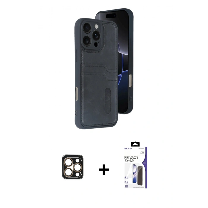 MARSİLYAN™- iPhone 16 Pro Max Kılıf Yörünge Işık Serisi - Siyah Bilvis 3X AR Hayalet Cam Ekran Koruyucu + PVD Metal Kamera Lens - GD