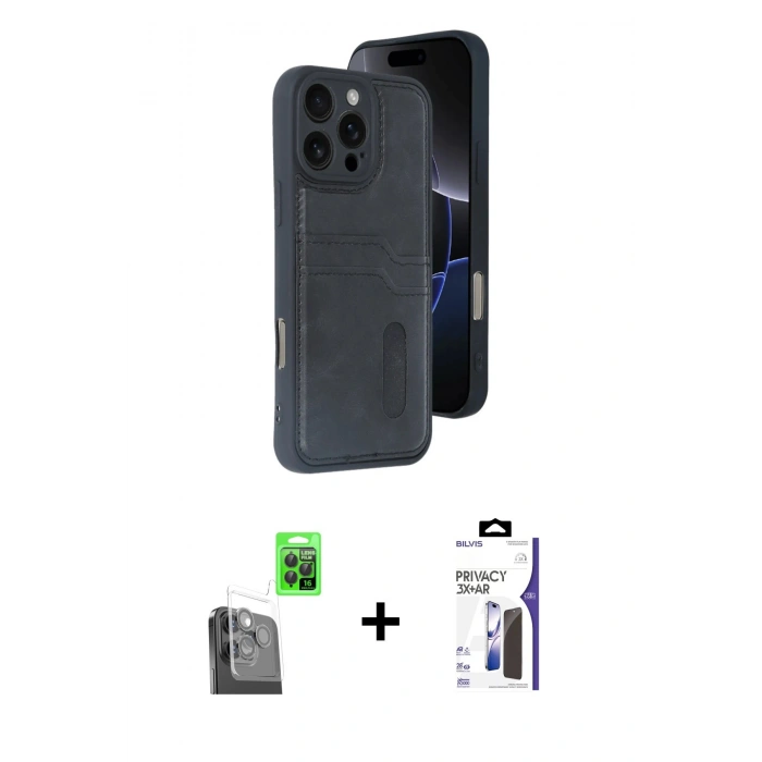 MARSİLYAN™- iPhone 16 Pro Max Kılıf Yörünge Işık Serisi - Siyah Bilvis 3X AR Hayalet Cam Ekran Koruyucu + Raze Metal Kamera Lens - SH