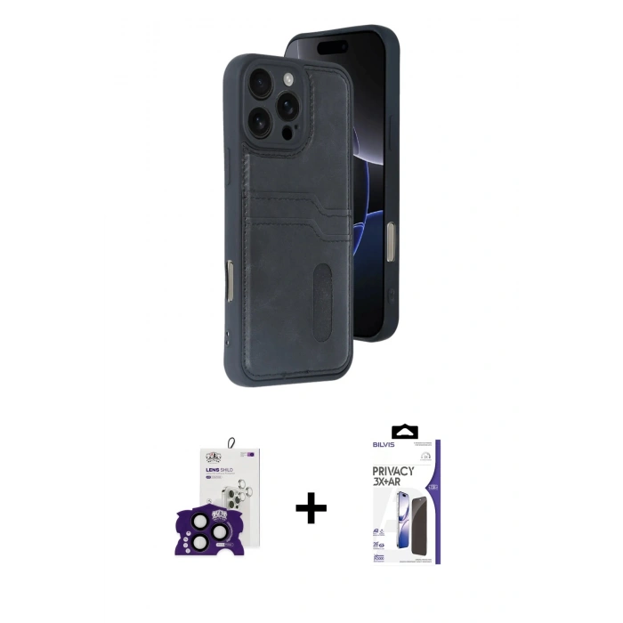 MARSİLYAN™- iPhone 16 Pro Max Kılıf Yörünge Işık Serisi - Siyah Bilvis 3X AR Hayalet Cam Ekran Koruyucu + Bilvis Titan Kamera Lens - SH