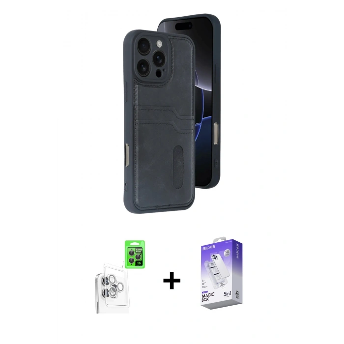 MARSİLYAN™- iPhone 16 Pro Max Kılıf Yörünge Işık Serisi - Siyah Bilvis 5in1 3D Magic Cam Ekran Koruyucu + Raze Metal Kamera Lens - BZ