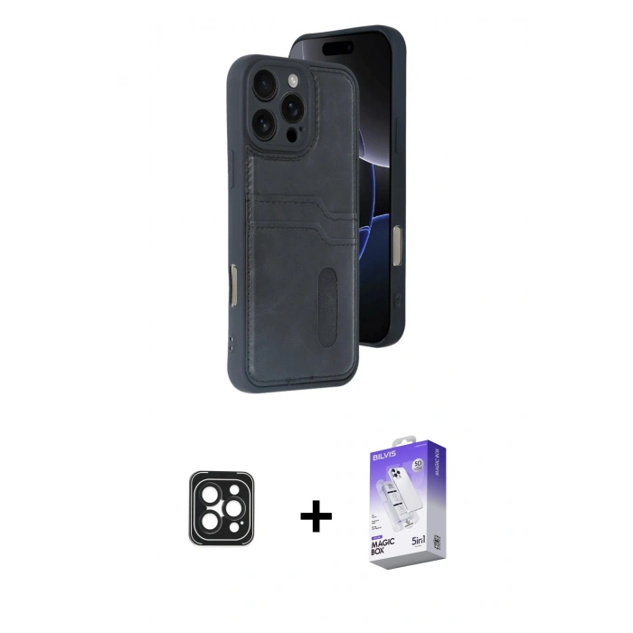 MARSİLYAN™- iPhone 16 Pro Max Kılıf Yörünge Işık Serisi - Siyah Bilvis 5in1 3D Magic Cam Ekran Koruyucu + PVD Metal Kamera Lens - SH