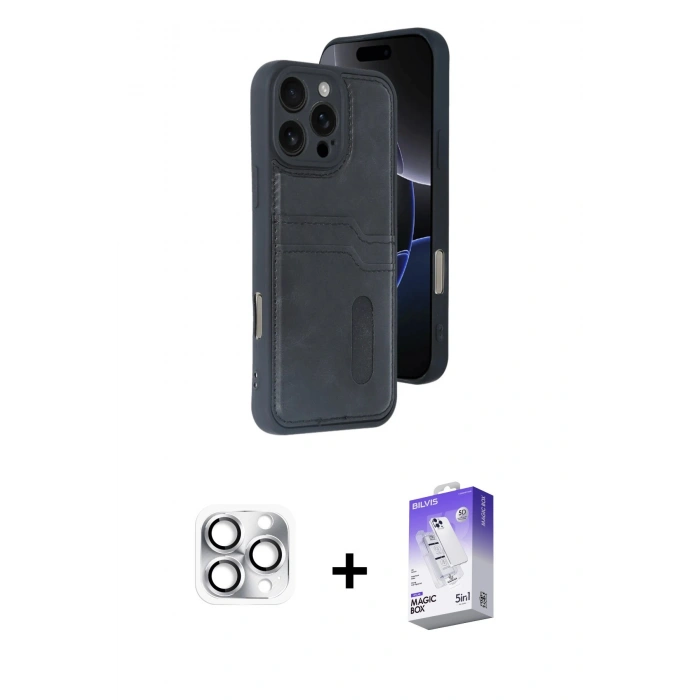 MARSİLYAN™- iPhone 16 Pro Max Kılıf Yörünge Işık Serisi - Siyah Bilvis 5in1 3D Magic Cam Ekran Koruyucu + Pers Alüminyum Kamera Lens - GS