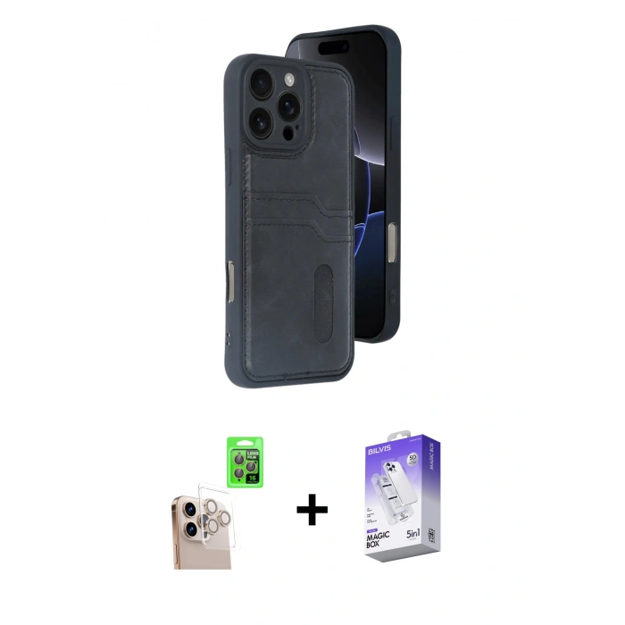 MARSİLYAN™- iPhone 16 Pro Max Kılıf Yörünge Işık Serisi - Siyah Bilvis 5in1 3D Magic Cam Ekran Koruyucu + Raze Metal Kamera Lens - NLGY