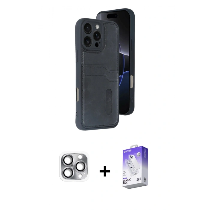 MARSİLYAN™- iPhone 16 Pro Max Kılıf Yörünge Işık Serisi - Siyah Bilvis 5in1 3D Magic Cam Ekran Koruyucu + Pers Alüminyum Kamera Lens - GI