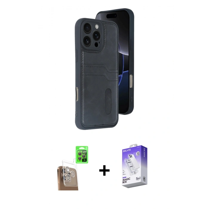 MARSİLYAN™- iPhone 16 Pro Max Kılıf Yörünge Işık Serisi - Siyah Bilvis 5in1 3D Magic Cam Ekran Koruyucu + Raze Metal Kamera Lens - CLTM