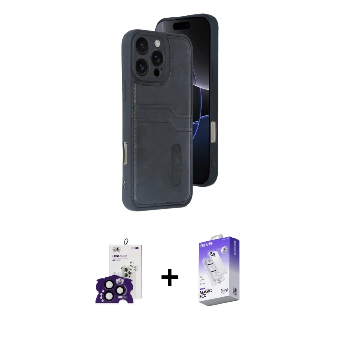MARSİLYAN™- iPhone 16 Pro Max Kılıf Yörünge Işık Serisi - Siyah Bilvis 5in1 3D Magic Cam Ekran Koruyucu + Bilvis Titan Kamera Lens - SH
