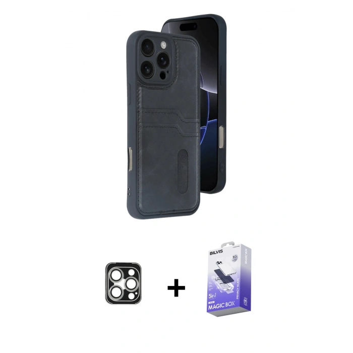 MARSİLYAN™- iPhone 16 Pro Max Kılıf Yörünge Işık Serisi - Siyah Bilvis 5in1 5D Magic Hayalet Cam Ekran Koruyucu + PVD Metal Kamera Lens - GS