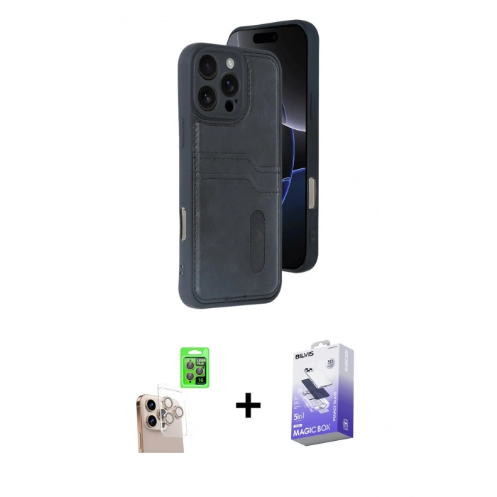 MARSİLYAN™- iPhone 16 Pro Max Kılıf Yörünge Işık Serisi - Siyah Bilvis 5in1 5D Magic Hayalet Cam Ekran Koruyucu + Raze Metal Kamera Lens - NLGY