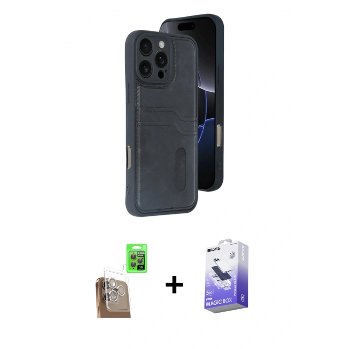 MARSİLYAN™- iPhone 16 Pro Max Kılıf Yörünge Işık Serisi - Siyah Bilvis 5in1 5D Magic Hayalet Cam Ekran Koruyucu + Raze Metal Kamera Lens - CLTM