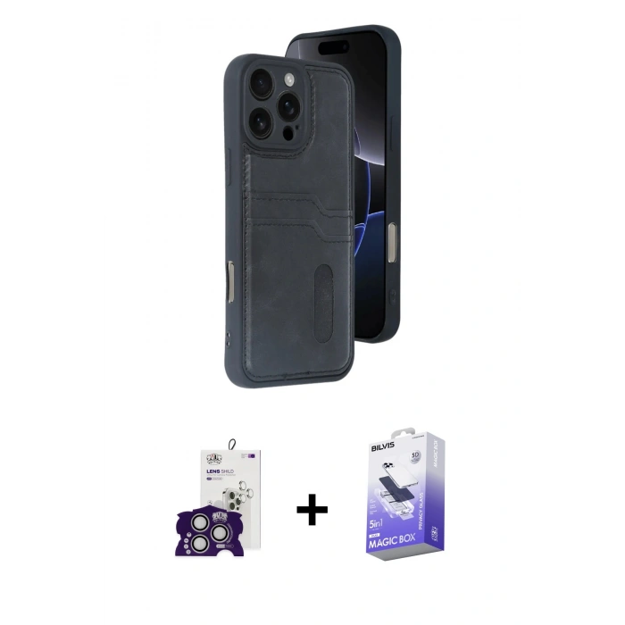 MARSİLYAN™- iPhone 16 Pro Max Kılıf Yörünge Işık Serisi - Siyah Bilvis 5in1 5D Magic Hayalet Cam Ekran Koruyucu + Gümüş Bilvis Titan Kamera Lens
