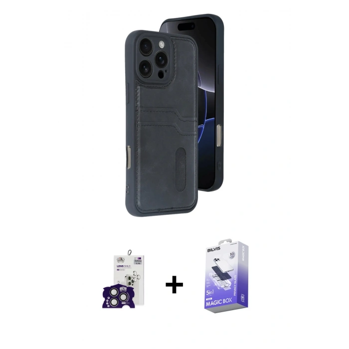 MARSİLYAN™- iPhone 16 Pro Max Kılıf Yörünge Işık Serisi - Siyah Bilvis 5in1 5D Magic Hayalet Cam Ekran Koruyucu + Titanyum Gri Bilvis Titan Kamera Lens