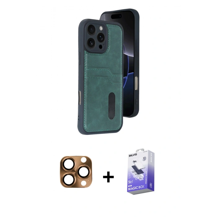 MARSİLYAN™- iPhone 16 Pro Max Kılıf Yörünge Işık Serisi - Siyah Bilvis 5in1 5D Magic Hayalet Cam Ekran Koruyucu + Çöl Titanyum Pers Alüminyum Kamera Lens
