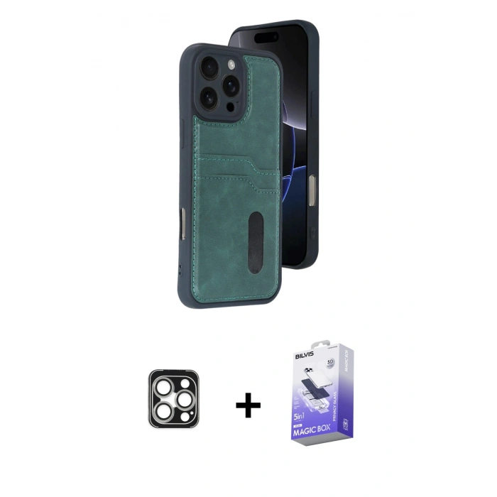 MARSİLYAN™- iPhone 16 Pro Max Kılıf Yörünge Işık Serisi - Siyah Bilvis 5in1 5D Magic Hayalet Cam Ekran Koruyucu + PVD Metal Kamera Lens - GS