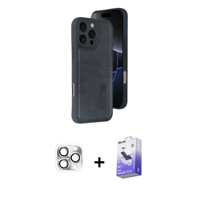 MARSİLYAN™- iPhone 16 Pro Max Kılıf Yörünge Işık Serisi - Siyah Bilvis 5in1 5D Magic Hayalet Cam Ekran Koruyucu + Pers Alüminyum Kamera Lens - GS