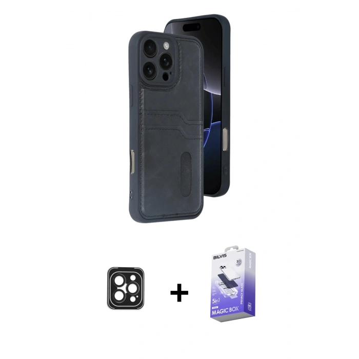 MARSİLYAN™- iPhone 16 Pro Max Kılıf Yörünge Işık Serisi - Siyah Bilvis 5in1 5D Magic Hayalet Cam Ekran Koruyucu + PVD Metal Kamera Lens - SH