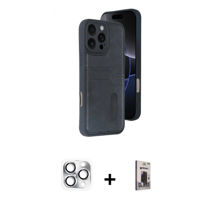 MARSİLYAN™- iPhone 16 Pro Max Kılıf Yörünge Işık Serisi - Siyah Bilvis Hayalet Cam Ekran Koruyucu + Pers Alüminyum Kamera Lens - GS